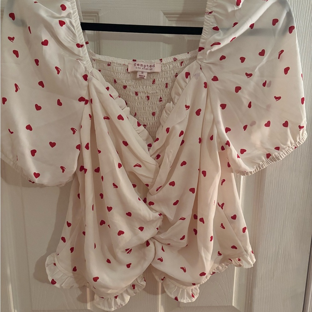 Tempted Cream Blouse with Red Heart Pattern